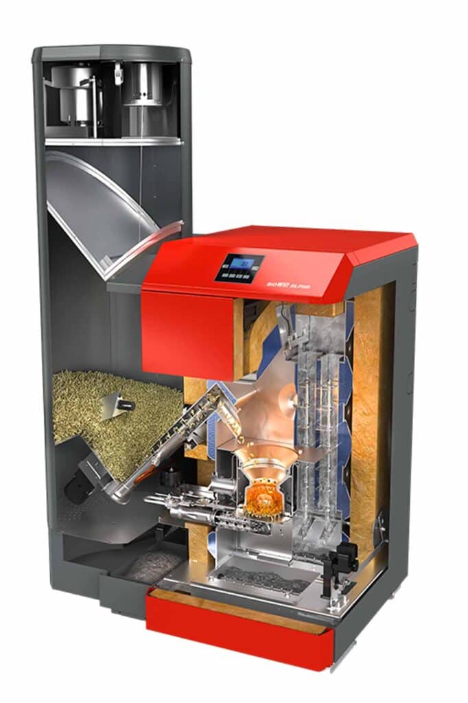 windhager biowin2 schnitt 01, BIOWIN2 WITH BULK PELLET FEED SYSTEM, RESIDENTIAL, UL/CSA/EPA, wood chip boiler, wood pellet boiler, biomass energy, biofuels, renewable energy sources, Caluwe, Inc, Boston, MA, wood pellet boilers, biomass heating and power, Burlington, MA