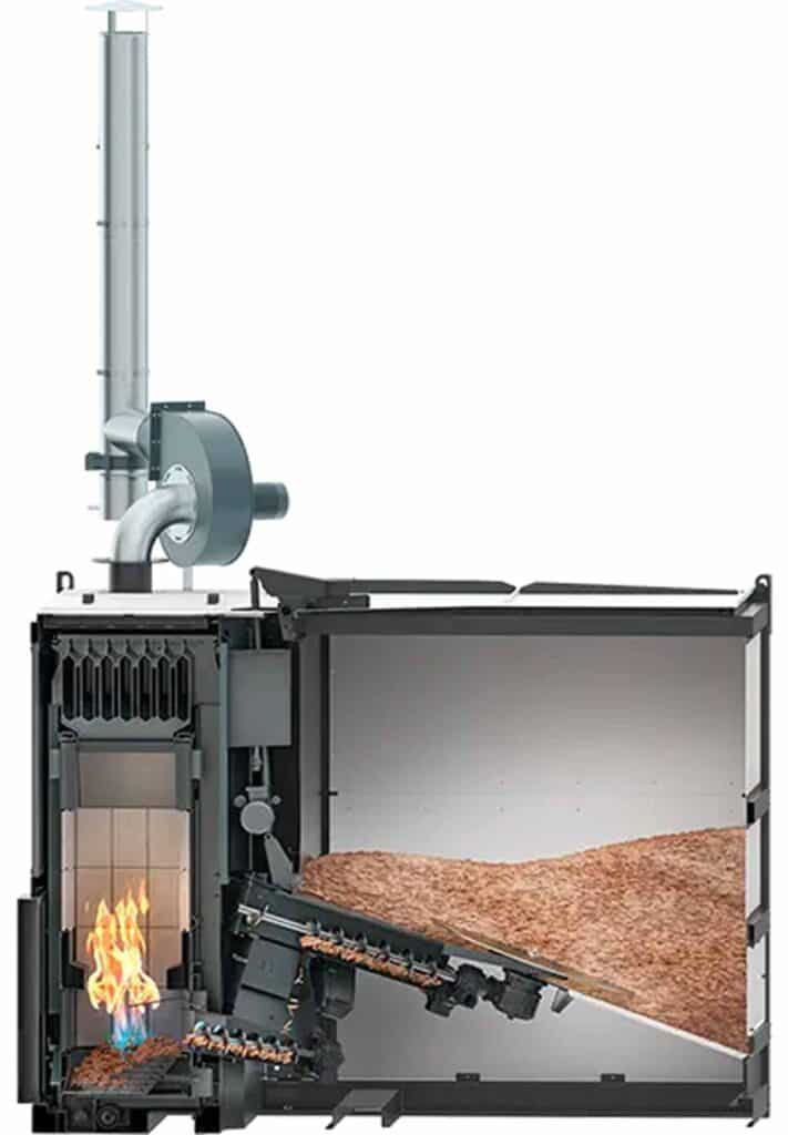 warmluftheizung hackgut 150 250 schema front copy, LASCO WOOD CHIP FIRED WARM AIR FURNACE, wood chip boiler, wood pellet boiler, renewable energy, biofuels, biomass energy, Caluwe, Inc, Boston, MA